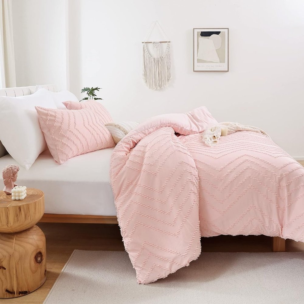 Chevron Tufted Texture Petal Pink Blush Twin Size Bed Comforter Set Bedding New